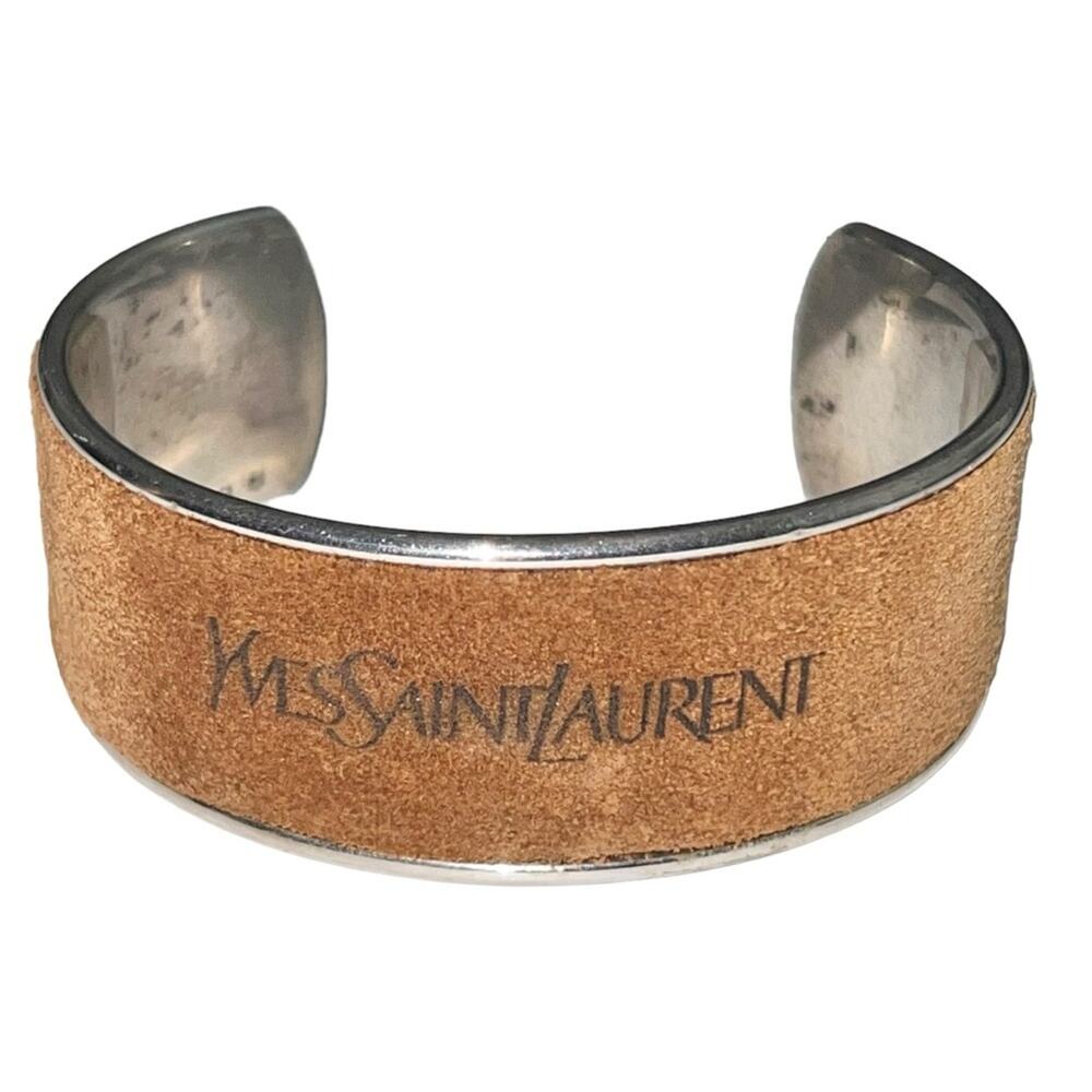 AUTH VTG Yves Saint Laurent YSL Sterling Silver Suede Leather Logo Cuff Bracelet